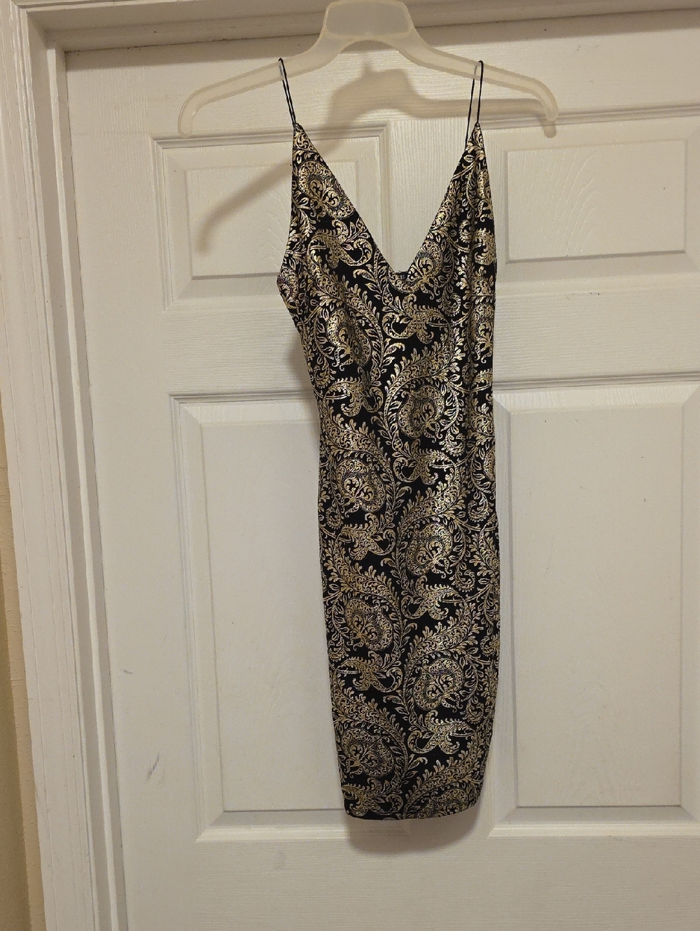 Fashion Nova Black and Gold Paisley Midi Slip Dress